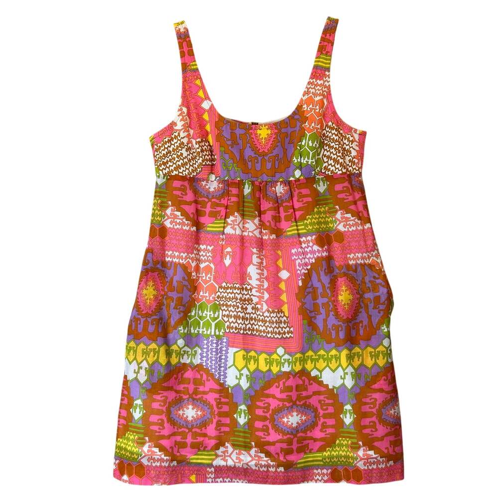 Trina Turk Dress 12 Cotton Pink Orange Geometric Medallion Empire Waist Sundress